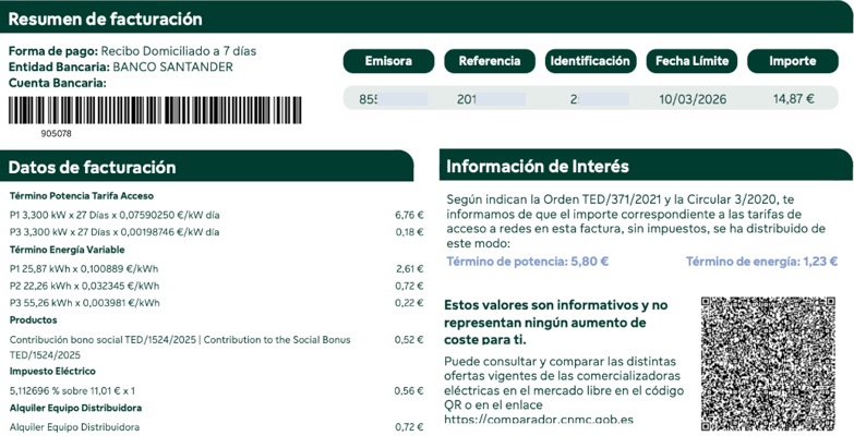 Resumen factura de luz - Nordy